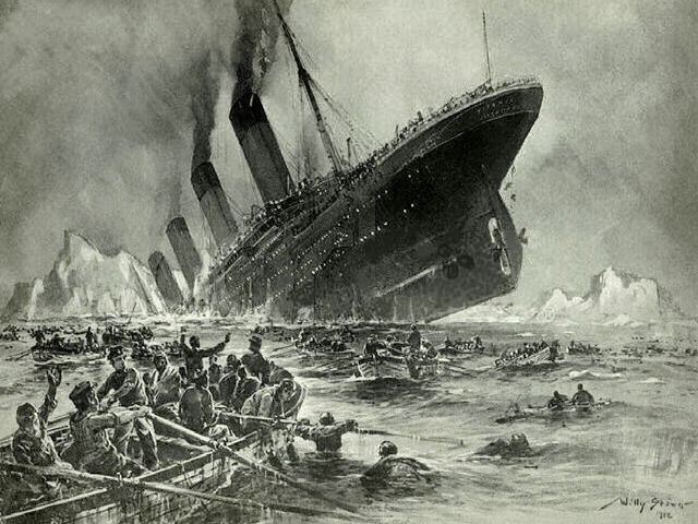 Polishing brass and rearranging deck chairs on the Titanic doesn&#039;t help right the listing ship. (Engraving by Willy Stower)